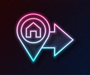 Poster - Glowing neon line Map pointer with house icon isolated on black background. Home location marker symbol. Vector