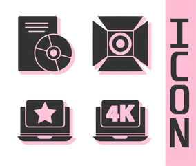 Poster - Set Laptop with 4k video, CD or DVD disk, Laptop with star and Movie spotlight icon. Vector