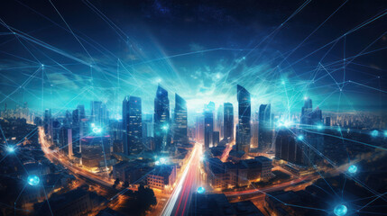 5G. internet of thing, global media link connecting on night city background, communication, networking, smart city, business, network connection and technology concept, Generative AI