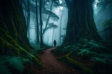A Lone Explorer Amidst Ancient Trees And Misty Pathways, Capturing The Enchantment Of A Forest Expedition