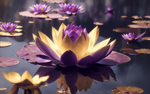 Water Lily In The Pond, White Golden Lotus In A Golden Magic Pond, Generative Ai