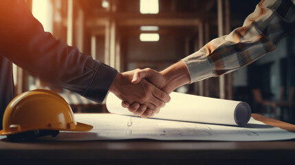 Construction engineer team contractor shaking hand after business meeting to greeting start architectural project at office, successful, partnership, teamwork concept, Generative AI