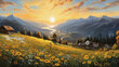 © ImagineDesign - oil painting on canvas, meadow view of South Tyrol. Artwork. Big ben. meadow nature as sunset. Tree. Italy (ai generated)