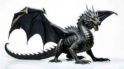 Photo realistic, beautiful majestic black dragon, opulent on white background