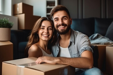 Young happy married couple in their new home after moving in. Unpacking boxes after moving into a new apartment. New homeowners. Mortgage. Rental of property.