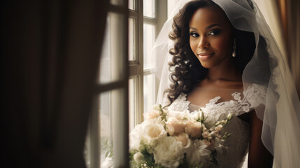 Portrait of black people the beautiful bride against a window indoors