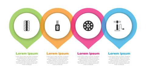 Poster - Set Car tire wheel, key with remote, Alloy for car and air pump. Business infographic template. Vector