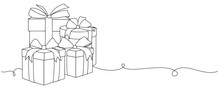 Out Line Drawing Of Gift Box. Wrapped Surprise Package For Christmas Or Birthday Party .Party And Celebration. Gift Box Line Art Outline Vector Illustration