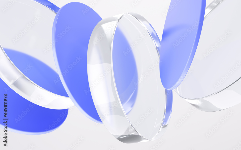 Dynamic background with glass and colorful plastic shapes. 3d rendering ...