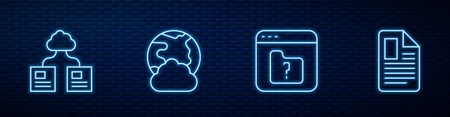 Poster - Set line File missing, Cloud technology data transfer, Social network and document. Glowing neon icon on brick wall. Vector