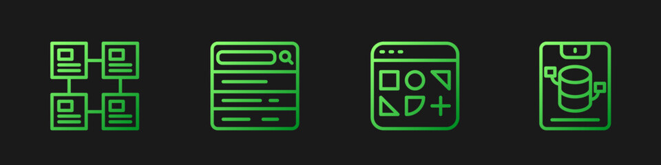 Aufkleber - Set line Different files, Hierarchy organogram chart, Search engine and Server, Data, Web Hosting. Gradient color icons. Vector