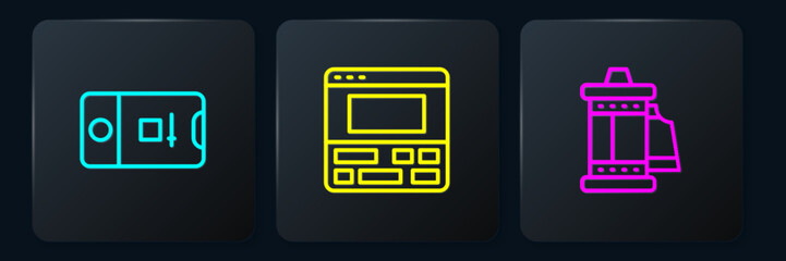 Poster - Set line Photo and video shooting, Camera roll cartridge and Video recorder on laptop. Black square button. Vector