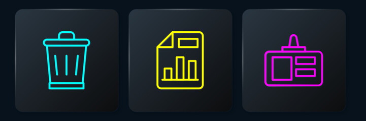 Poster - set line trash can, identification badge and document with graph chart. black square button. vector