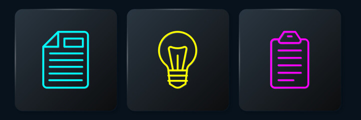 Poster - set line file document, to list or planning and light bulb. black square button. vector