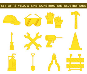 Set of 12 yellow line construction illustrations. Vector illustration with construction theme. Labor.