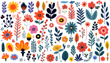 Wall Mural - hand drawn abstract wildflowers, set flowers and leaves, flat icons. vector illustration