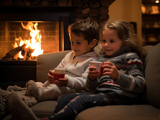 Wall Mural - Children drinking hot cocoa on Christmas