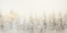Misty Mood In The Winter Forest. Gold, Grey, Brown Beige Ink Trees Illustration. Romantic And Mourning Landscape For Seasonal Or Condolence Greettings.