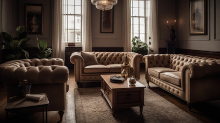 Beige tufted chesterfield sofa and brown wing chairs. Art deco interior design of modern living room.