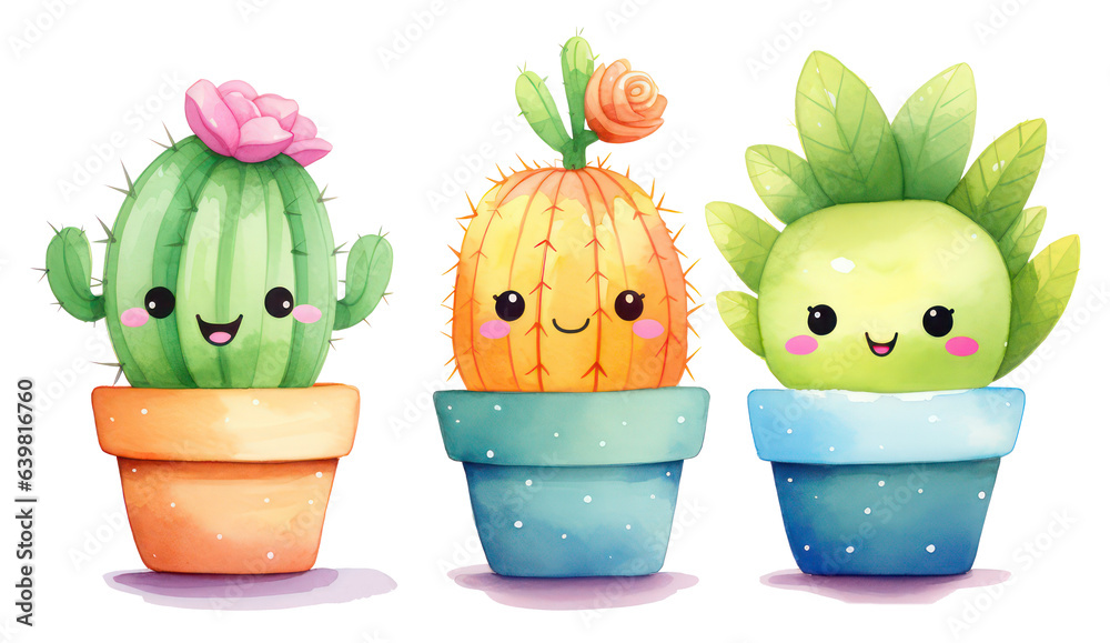Watercolor funny cute cactus in pot set on white background, Watercolor ...
