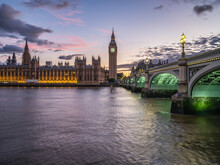 Westminster Palace With Big Ben And Westminster Bridge At Sunset, London, United Kingdom