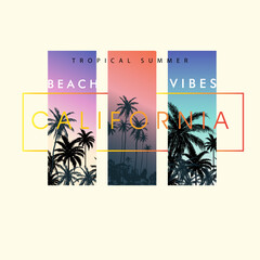 Beach graphics California summer beach vibes typographic gradient tropical palm tree vector illustration for t shirt print graphic design vector poster,banner,flyer design