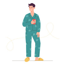Young Man In Cozy Home Clothes, Sleepwear And A Cup In His Hands. A Guy In Comfortable Pajamas. Vector Illustration