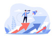 Man with spyglass standing on upward arrow vector illustration. Cartoon drawing of businessman looking for business opportunities. Achievement, growth, business, strategy, startup concept