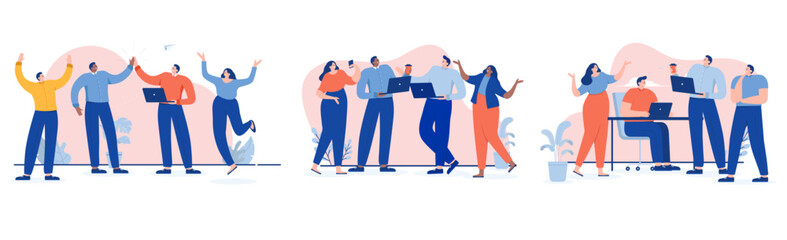 Poster - Teamwork people collection - Set of illustrations witch happy office businesspeople cheering and working together in teams. Flat design with white background