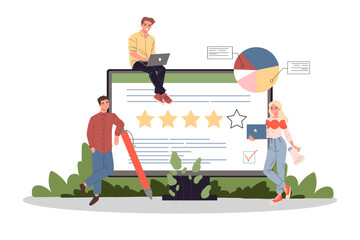 Computer screen with gold rating stars vector illustration. Happy customers leaving online review, giving feedback on website for client satisfaction survey. Online reviews and ratings concept