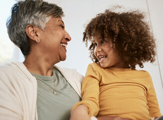 Poster - Grandmother, kid and funny laugh in home, bonding for connection and having fun playing together. Grandma, happy and smile of girl child, support and care for love in living room of interracial house