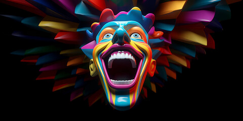 Wall Mural - Animation scene, floating character polygons morphing into a laughing clown, elements dancing around, psychedelic colors, on a black background