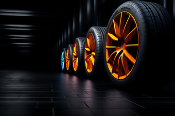 Wall Mural - New car tires, with dark background