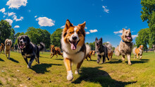 A Lively And Colorful Image Of A Dog Park On A Sunny Day, With Dogs Of Various Breeds Playing And Running Freely. Wide Angle