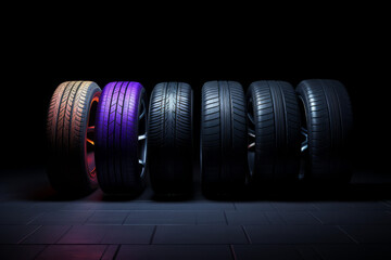 Wall Mural - New car tires, with dark background