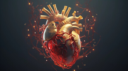 Wall Mural - an anatomically accurate human heart model being rendered, interweaving UI components from Substance Painter, warm tones, detailed, lifelike