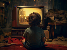 Nostalgic Scene Of A Child, Sitting Mesmerized In Front Of A Vintage TV, A Colorful 3D Animation Playing On The Screen, Low - Light, Warm Tones