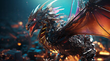 Vivid, High - Definition Illustration Of A CGI Fantasy Dragon Soaring Over A Computer Motherboard, Vibrant Colors, Detailed Textures