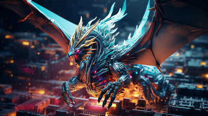 Wall Mural - vivid, high - definition illustration of a cgi fantasy dragon soaring over a computer motherboard, v