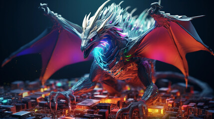 Wall Mural - Vivid, high - definition illustration of a CGI fantasy dragon soaring over a computer motherboard, vibrant colors, detailed textures