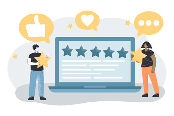 Poster - happy customers leaving online review vector illustration. users holding gold rating stars, giving f
