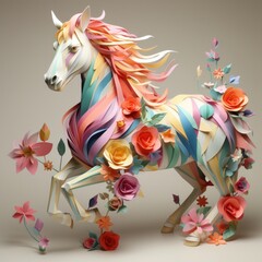  An enchanting unicorn, adorned with pastel-hued origami, galloping through a field of flowers