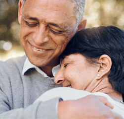 Poster - Hug, outdoor and senior couple with love, smile and support with romance, bonding or relationship. Marriage, old man or elderly woman embrace, romantic or retirement with happiness or loving together