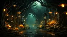 corridor passage arch tunnel halloween background theme banner entrance to the party invitation