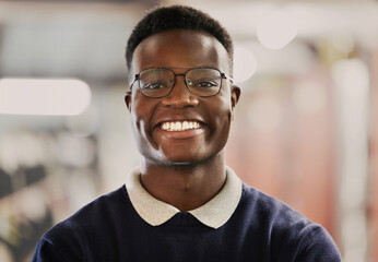 Poster - Student, university and portrait of black man for education, learning and excited for future career on campus. Face of African person in library with glasses for research, school project and studying