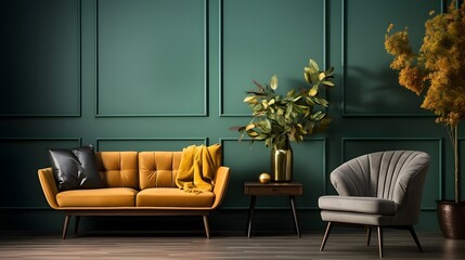 Wall Mural - vintage interior with single sofa, Cozy living room with warm tones and green wall, AI generative