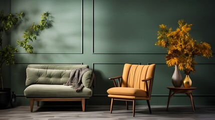 Wall Mural - vintage interior with single sofa, Cozy living room with warm tones and green wall, AI generative