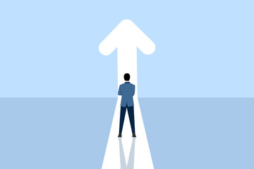 Business or career growth vector concept, businessman walking towards up arrow, symbol of success, promotion, career development, flat cartoon character vector illustration design on white background.