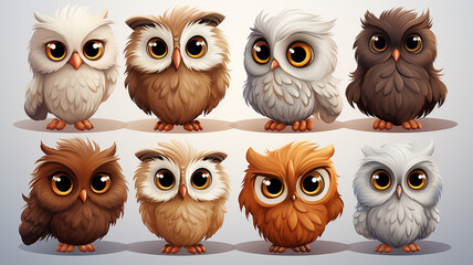 Wall Mural - collection of cute cartoon owls on a white background set