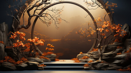 Wall Mural - round arch, frame of branches and leaves autumn theme on a dark background, presentation of a new pr